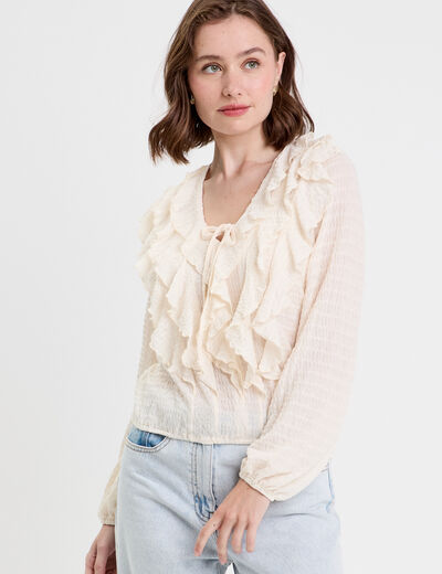 Blouse manches longues aspect dentelle ecru femme