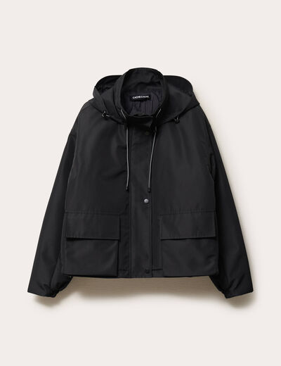 Veste courte bas resserré à capuche noir femme