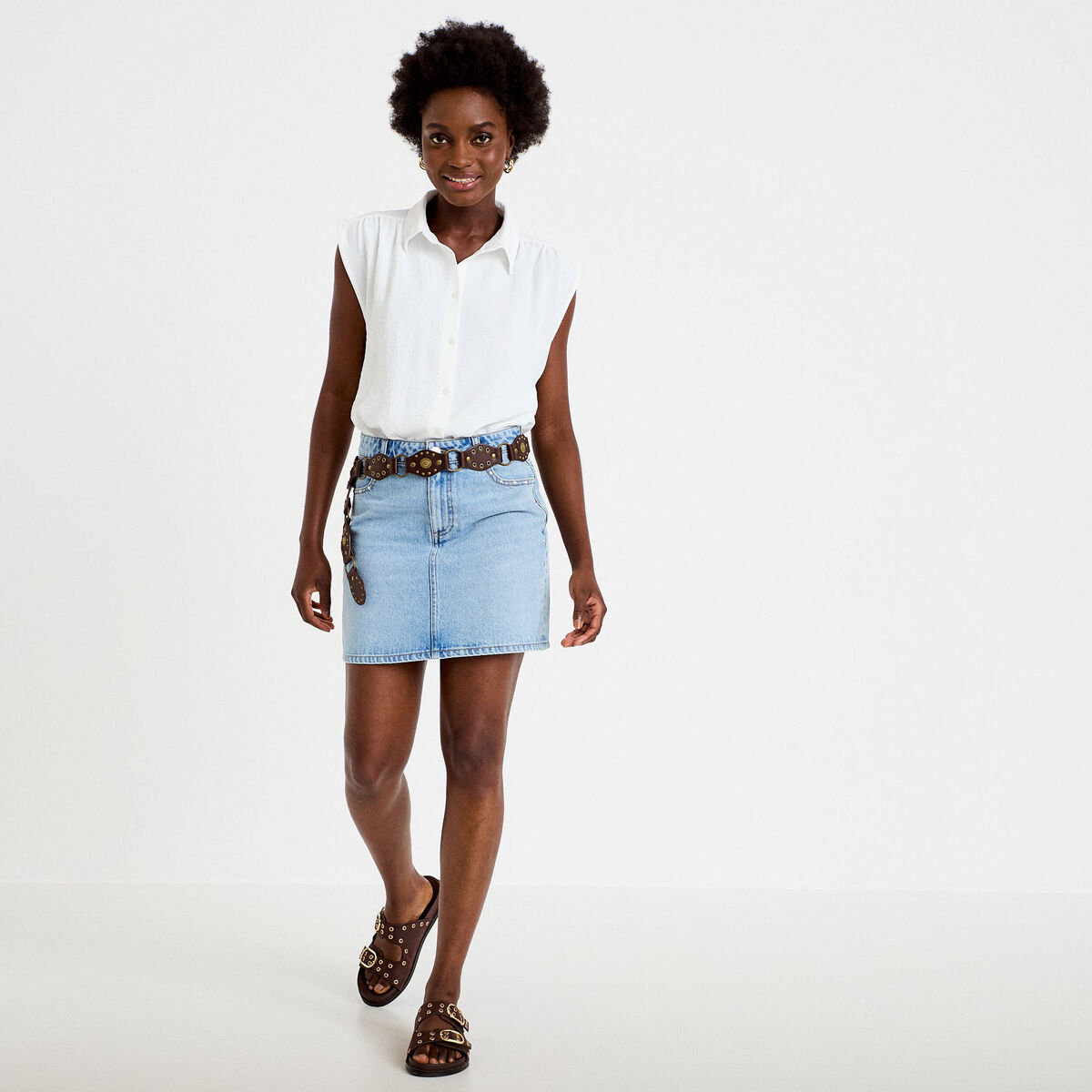 Jupe droite courte en jean clout&eacute;e denim double stone femme