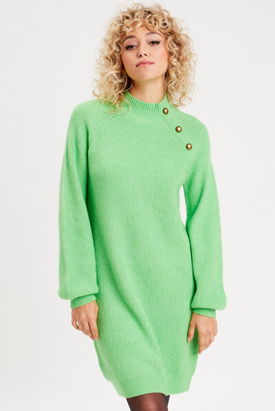 Robe pull droite col montant vert femme