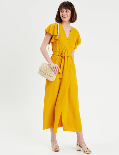 Robe longue évasée cache-coeur jaune femme