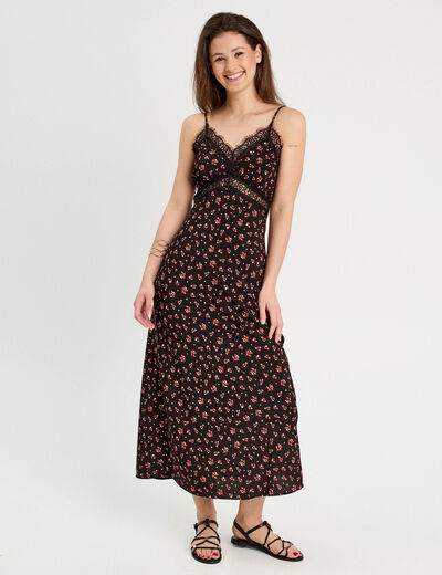 Robe longue droite bretelles noir femme