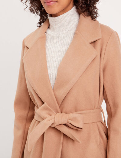 Manteau droit ceinturé camel femme