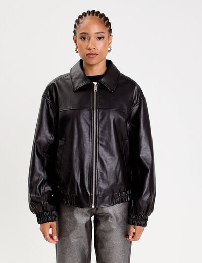 Bomber oversize similicuir col chemise noir femme