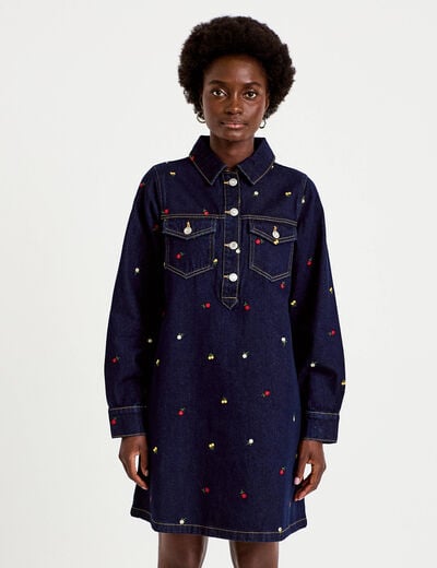 Robe courte droite en jean brod&eacute;e bleu marine femme