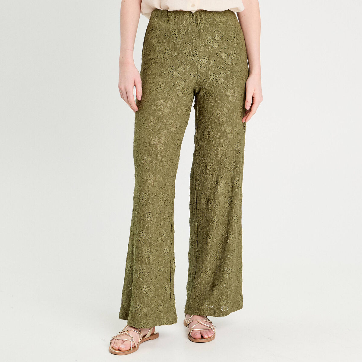 Pantalon large ajouré vert kaki femme