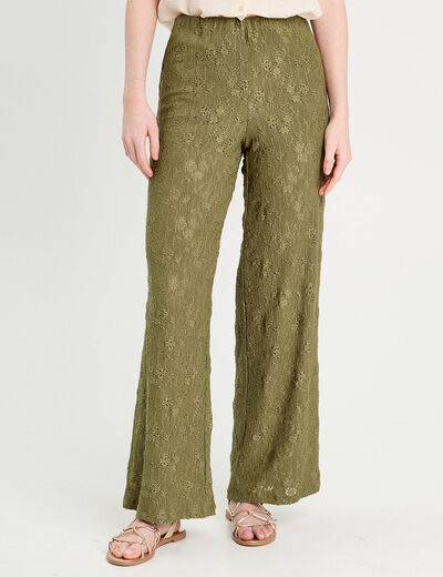 Pantalon large ajouré vert kaki femme