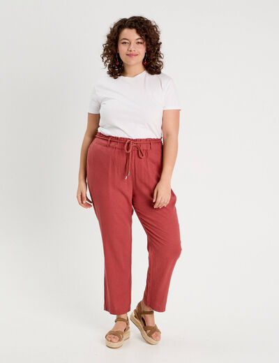 Pantalon droit fluide contenant du lin vieux rose femme