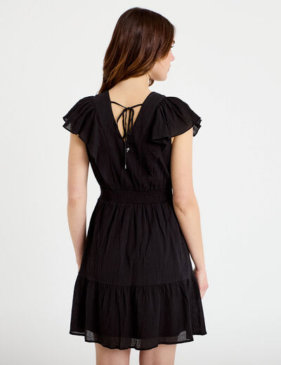 Robe courte &eacute;vas&eacute;e col v manches courtes noir femme