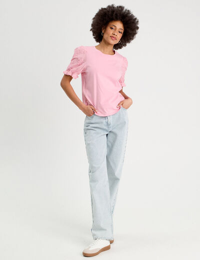 T-shirt manches brodées rose poudrée femme