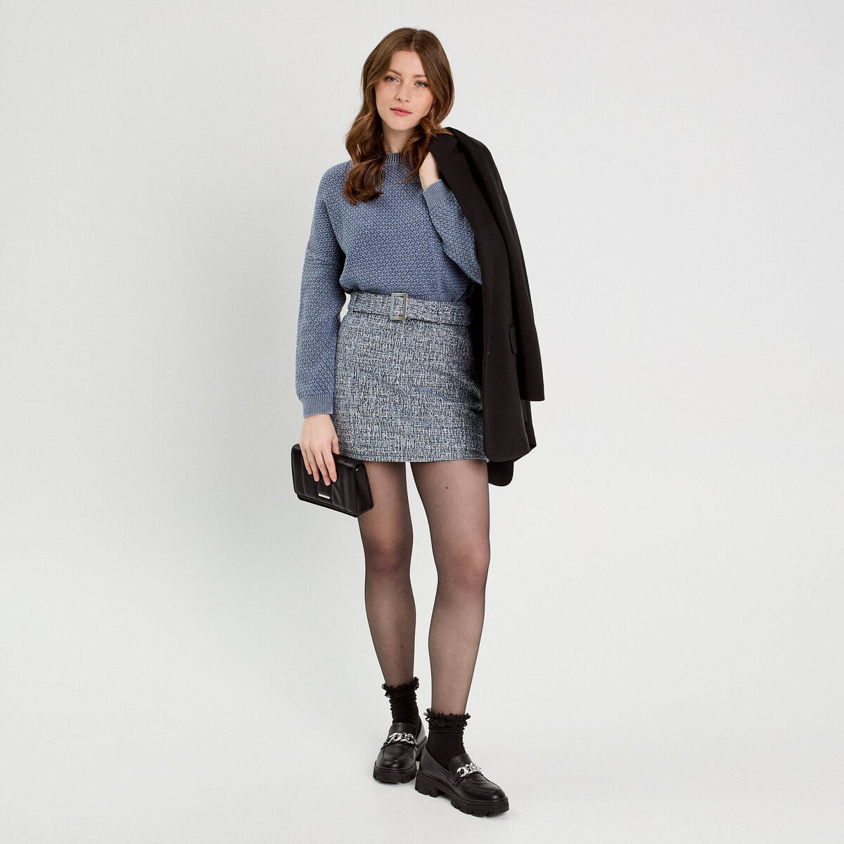 Jupe évasée tweed bleu femme