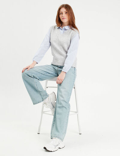 Pull 2-en-1 col en V gris clair femme