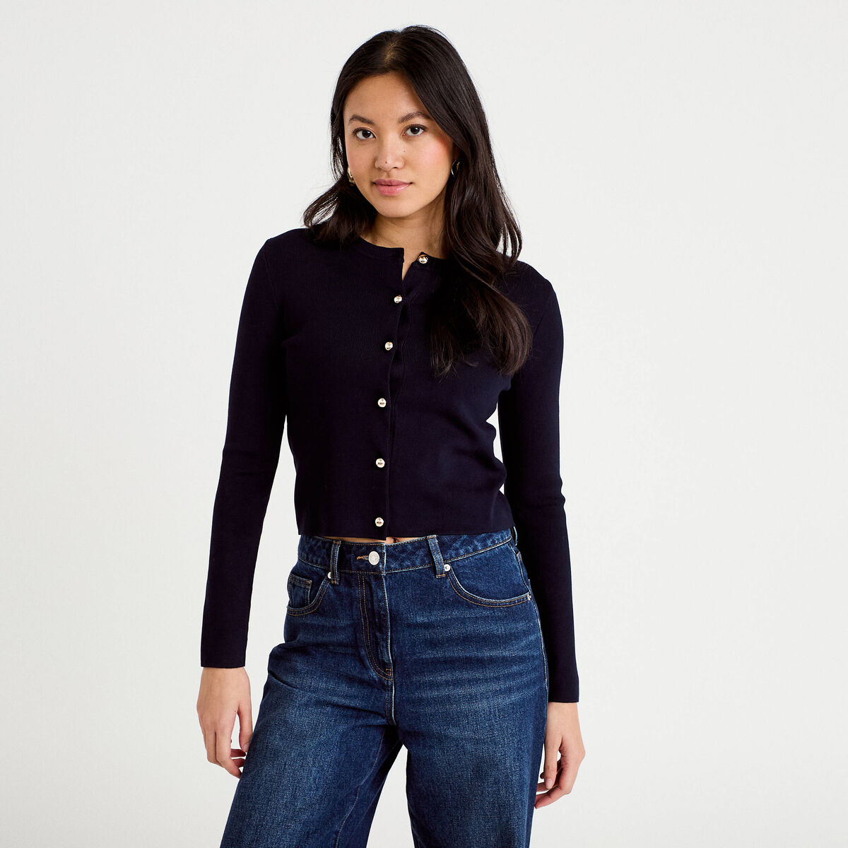 Gilet ajust&eacute; cropped col rond bleu marine femme