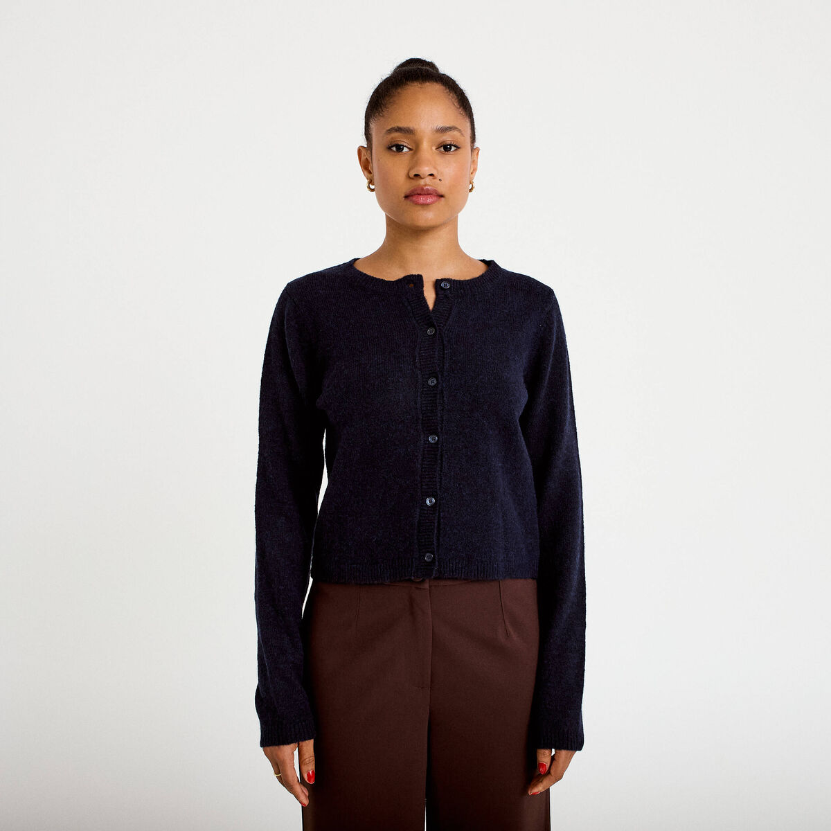 Gilet boutonn&eacute; manches longues bleu marine femme