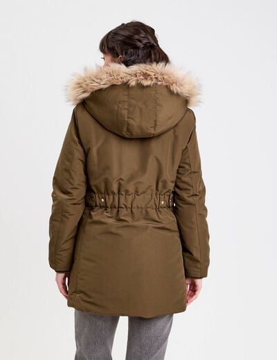 Parka &agrave; capuche fausse fourrure vert kaki femme