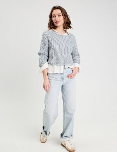 Pull manches longues ajouré bleu pastel femme