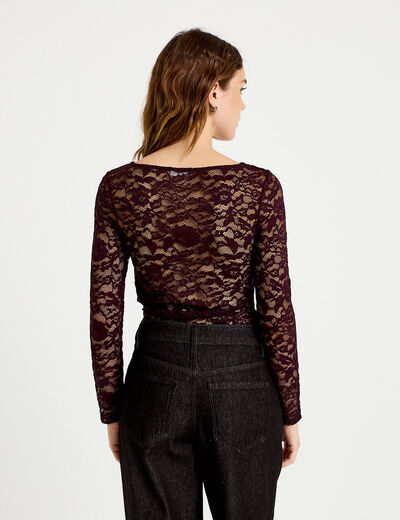 Body ajust&eacute; dentelle col bateau violet fonc&eacute; femme
