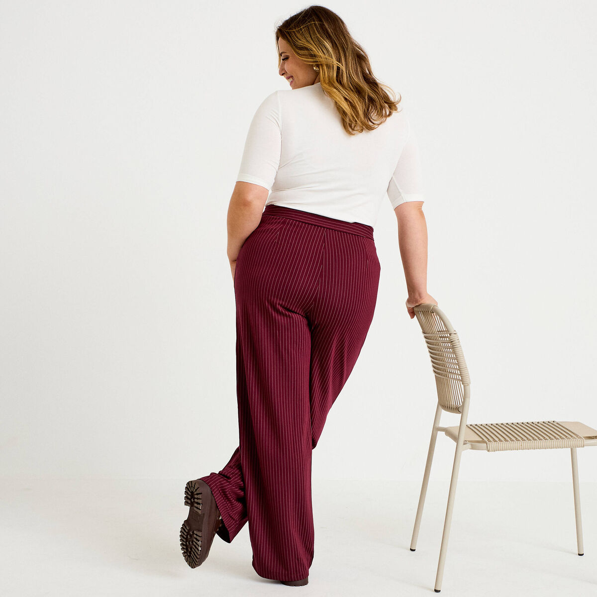 Pantalon large taille haute rouge femme
