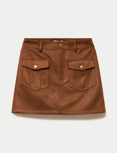 Jupe-short trap&egrave;ze aspect daim marron femme