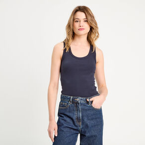 Débardeur côtelé col rond bleu marine femme