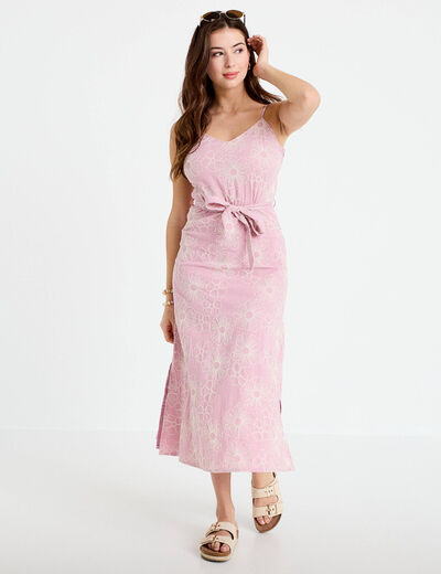 Robe droite 3/4 col v fines bretelles rose clair femme