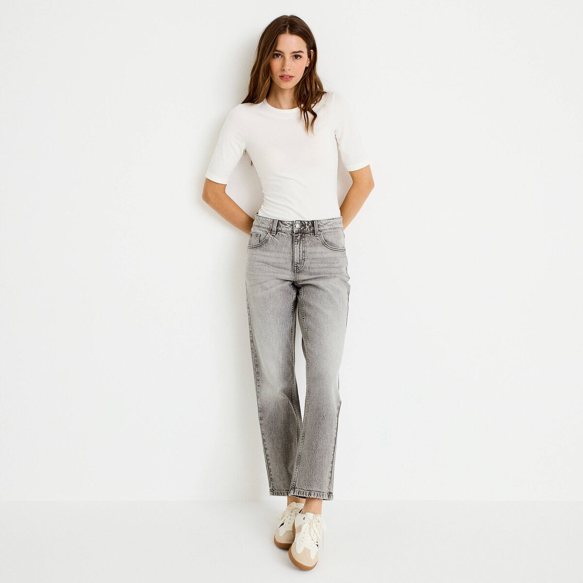 Jean droit taille standard denim gris femme