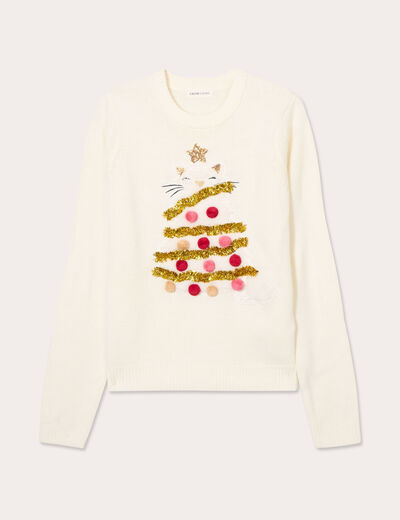 Pull pompons et guirlandes ecru femme