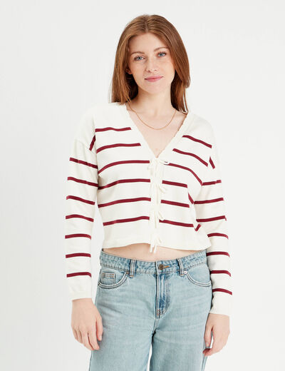 Pull avec petit noeud rouge foncé femme