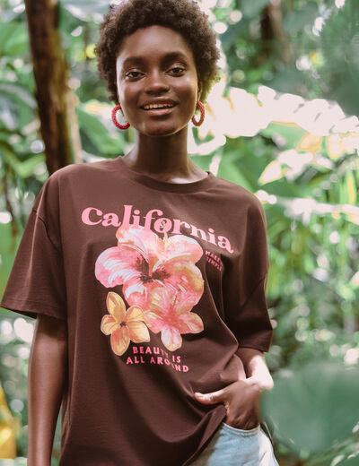 T-shirt col rond manches courtes marron femme