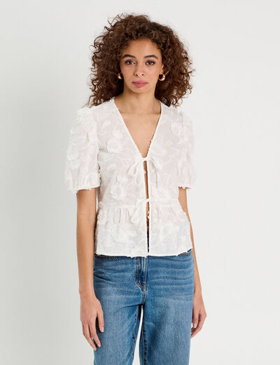 Blouse manches courtes noeuds ecru femme