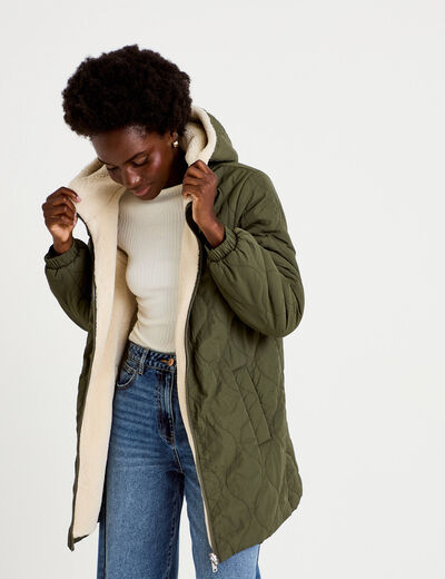 Parka r&eacute;versible effet polaire vert kaki femme