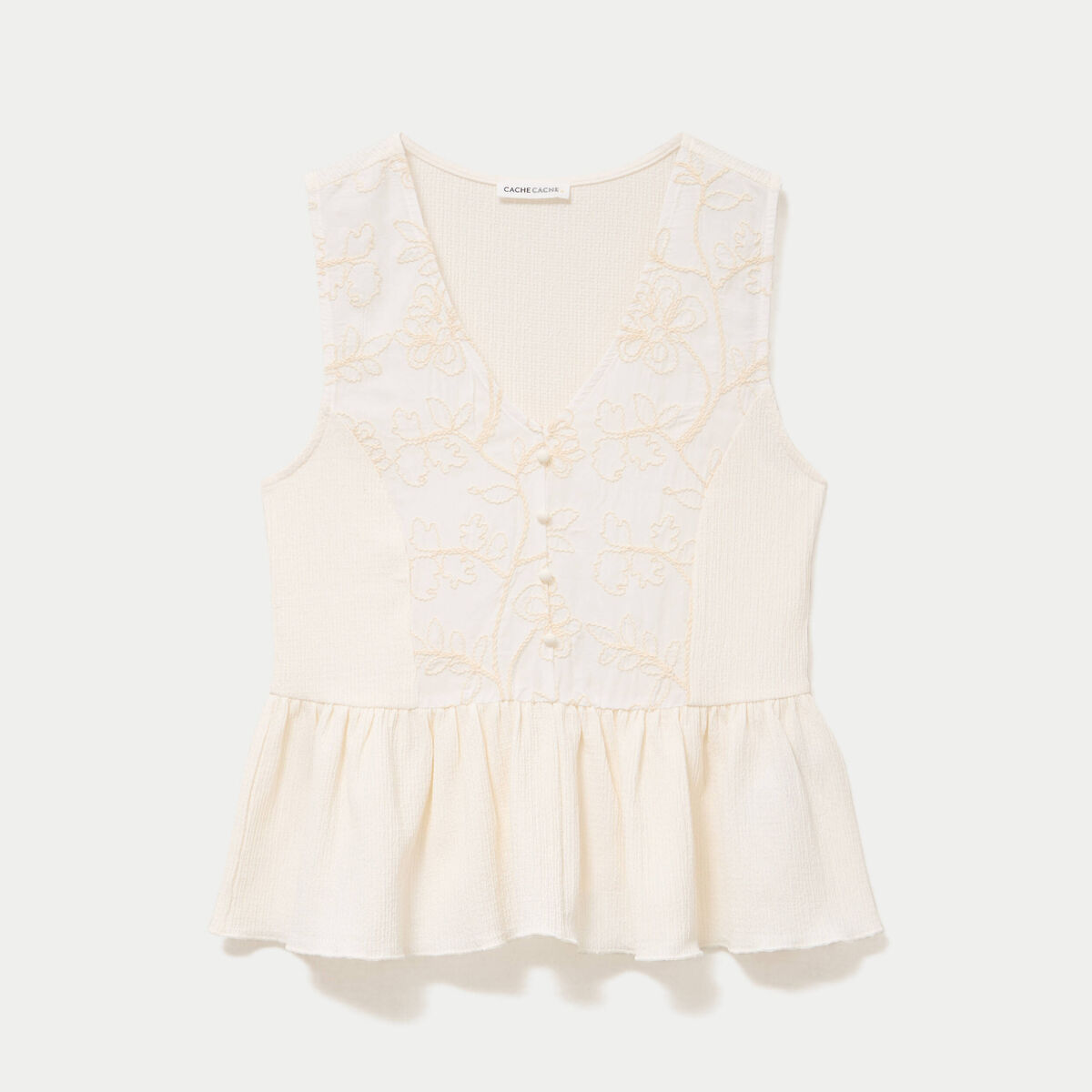Blouse cintr&eacute;e sans manches col v ecru femme