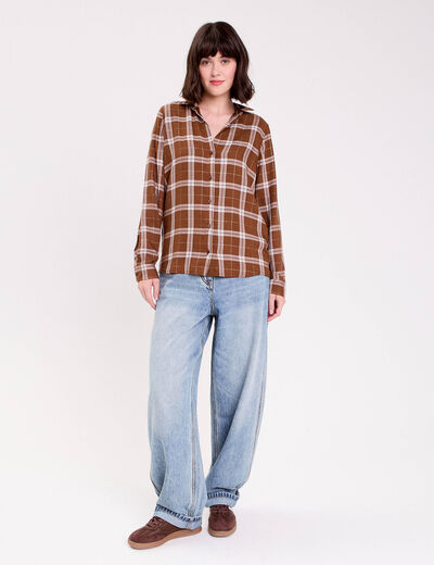 Chemise &agrave; carreaux fils m&eacute;tallis&eacute;s marron femme