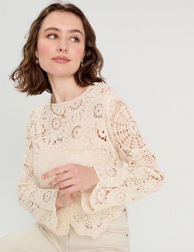 Pull ajouré effet crochet ecru femme