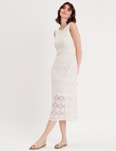 Robe midi moulante dentelle ecru femme