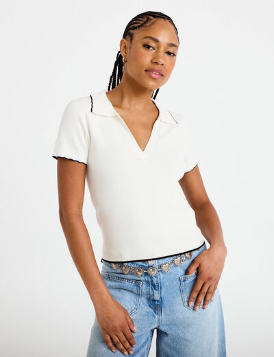 Polo ajust&eacute; manches courtes col chemise ecru femme