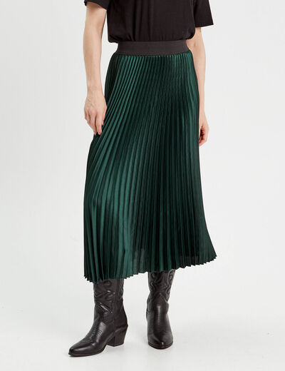 Jupe longue patineuse plissée vert foncé femme