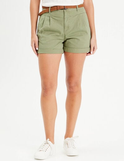 Short chino ceinturé vert kaki femme