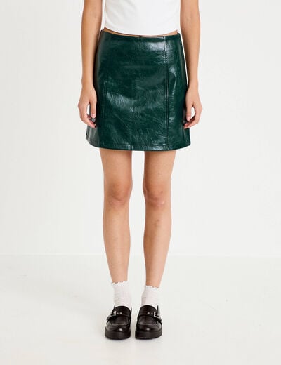 Jupe droite courte en similicuir vert fonc&eacute; femme