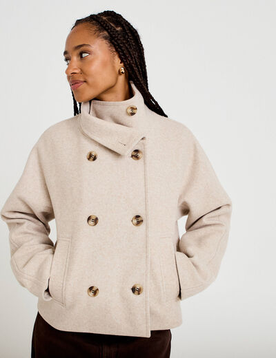 Veste chin&eacute;e col montant manches longues beige femme