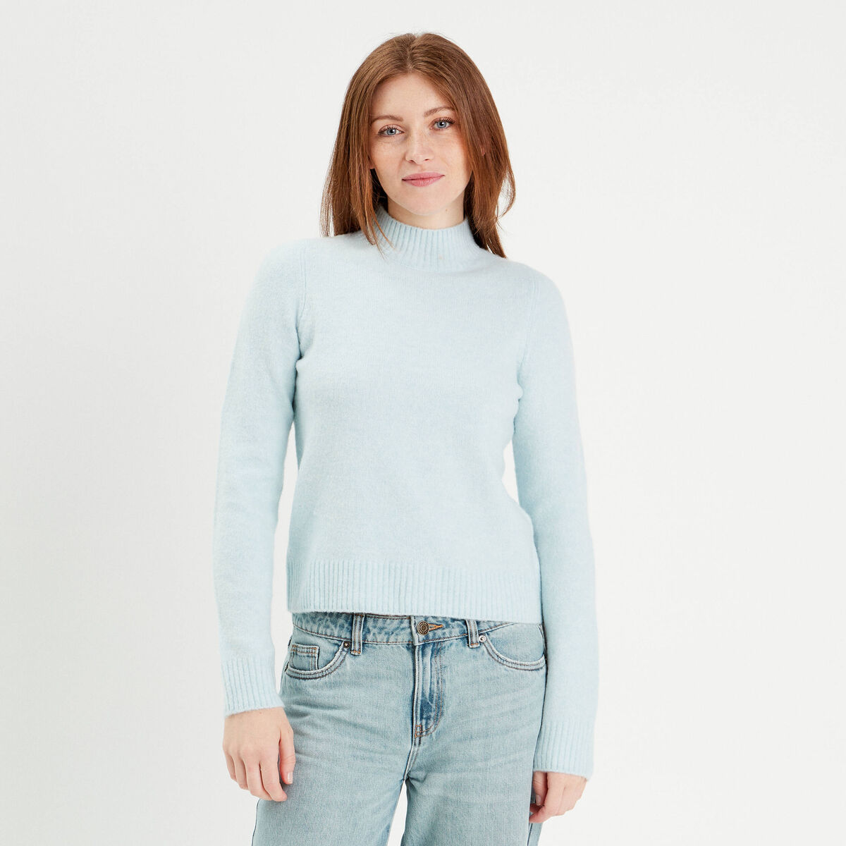 Pull col montant bleu pastel femme