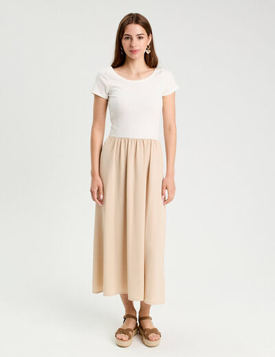 Robe longue évasée 2-en-1 beige femme