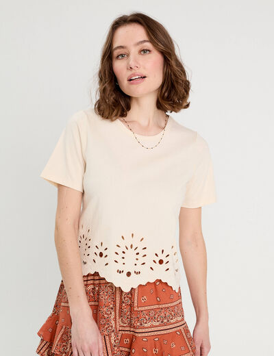 T-shirt broderie anglaise ecru femme