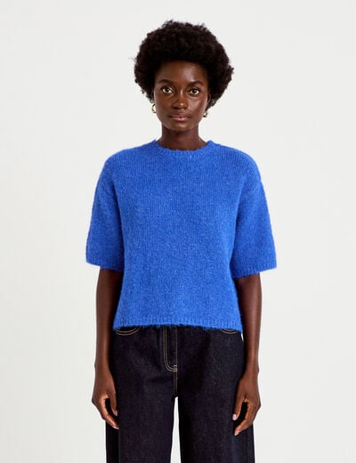 Pull col rond manches courtes bleu electrique femme
