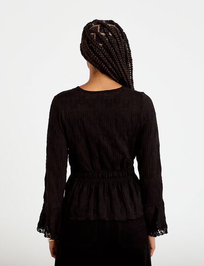 Blouse ajust&eacute;e col v manches longues noir femme