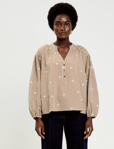 Blouse vichy brod&eacute;e blanc femme