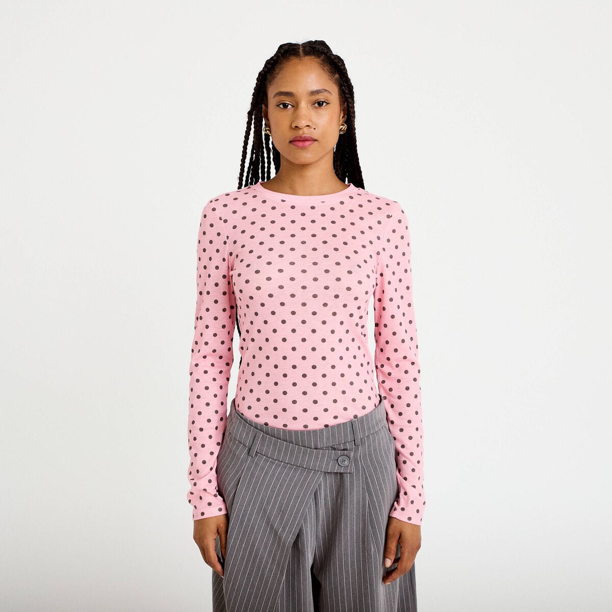 T-shirt ajust&eacute; col rond manches longues rose corail femme