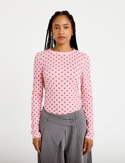 T-shirt ajust&eacute; col rond manches longues rose corail femme