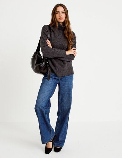 Pull col roul&eacute; manches longues gris femme
