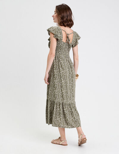 Robe longue évasée smockée vert kaki femme
